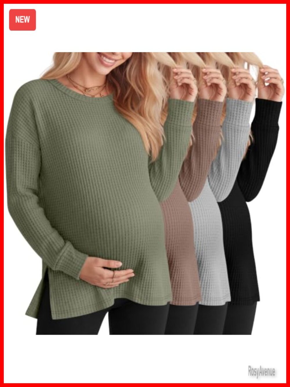 4 Pack Womens Maternity Long Sleeve Waffle Knit Tops Side Slit Crew Neck